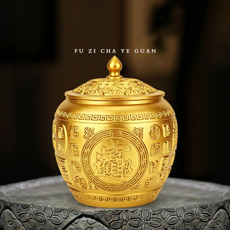 Large-capacity Tea Storage Box Brass Baifu Tea Can with Lid Ornaments Crafts