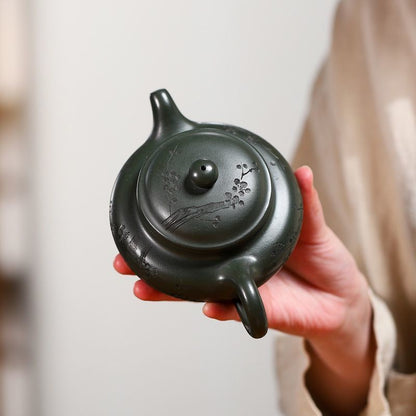 Yixing Zisha Teapot Handmade Green Clay Plum Antique Tea Pot 320ml Kung Fu Tea