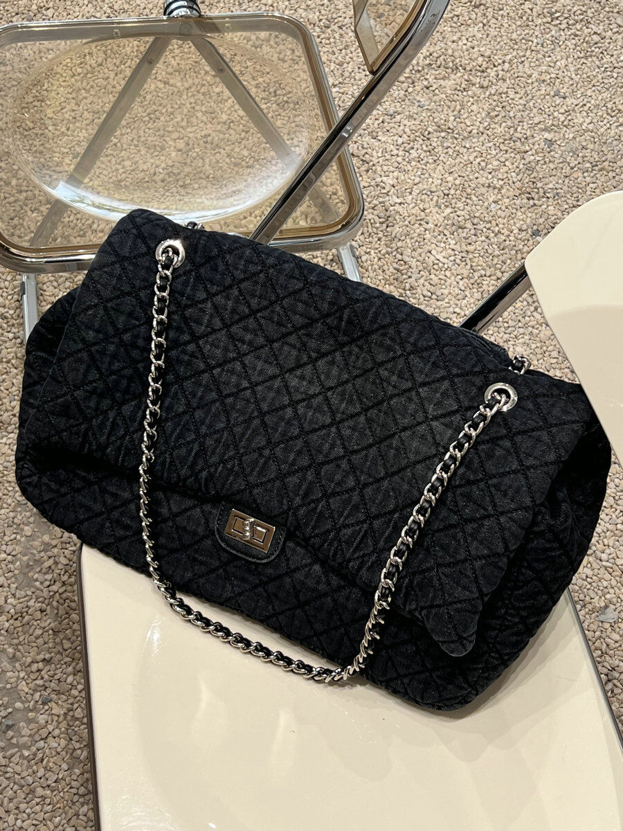 Large Quilted Denim Shoulder Bag Flap Purse Double Chains Hobo Fashion Tote