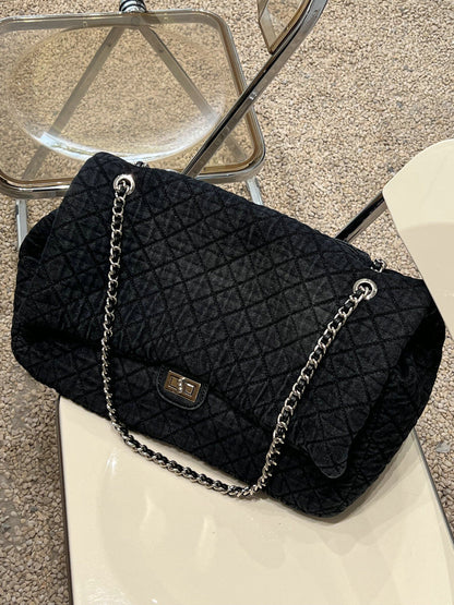 Large Quilted Denim Shoulder Bag Flap Purse Double Chains Hobo Fashion Tote