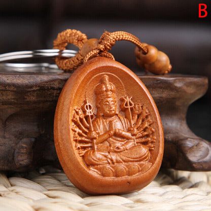 Lucky Jewelry Wood Carving Buckle Buddha Pendant Keychain Car Bag Keyrinzo