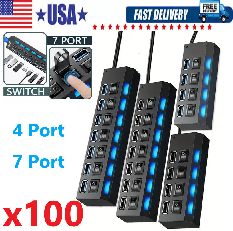 USB Hub 7 Port On/Off Switch High Speed Splitter AC Adapter Cable PC Laptop Lot