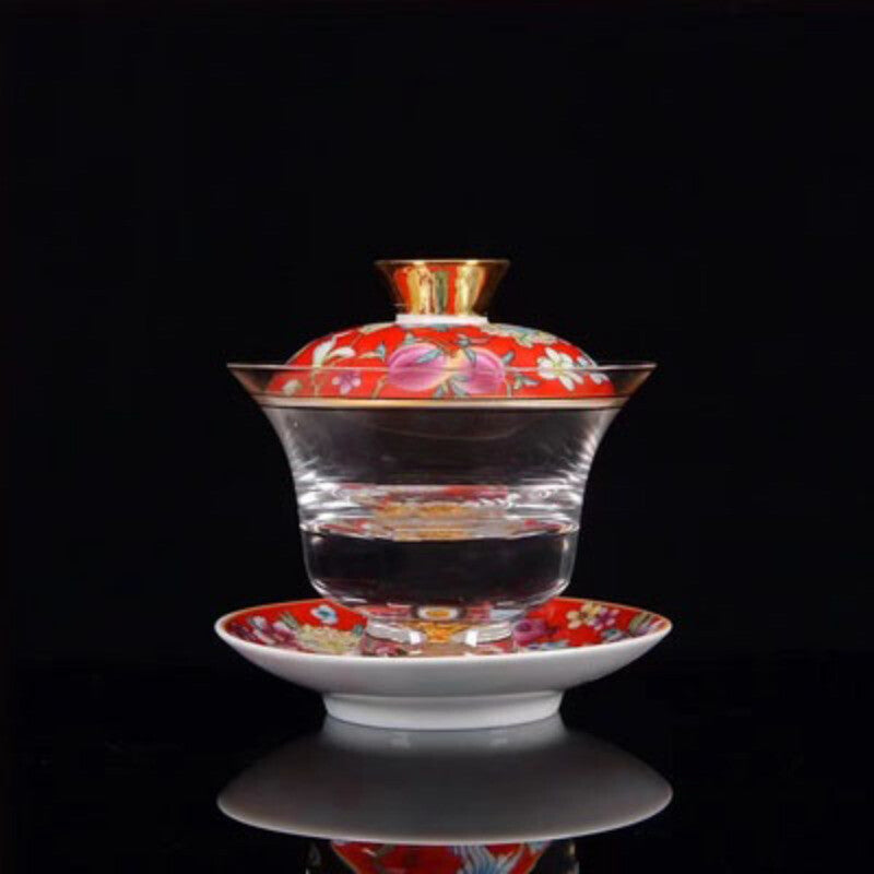 Tea Bowl Thickened Glass Tureen Tea Cover Bowl Lid Sancai Gaiwan Hand Painted