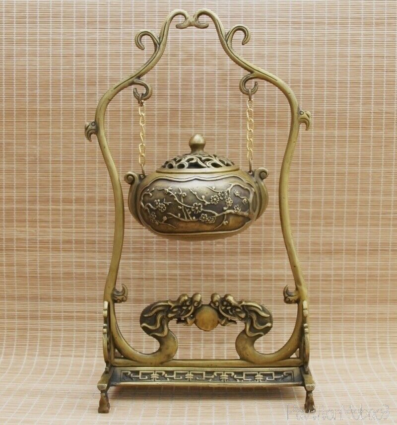 Chinese Brass Incense Burner Rack Statue Hanging Holder Dragon Flower Decor