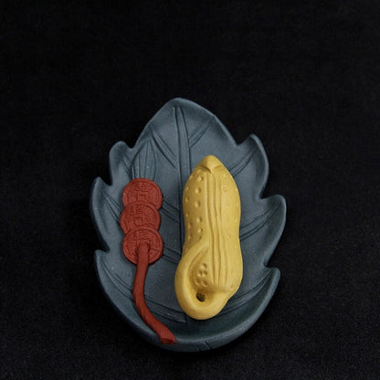 Handmade Tea Pet Wealth Bring Good Luck Peanut Coin Carved Leaf Design On Sales