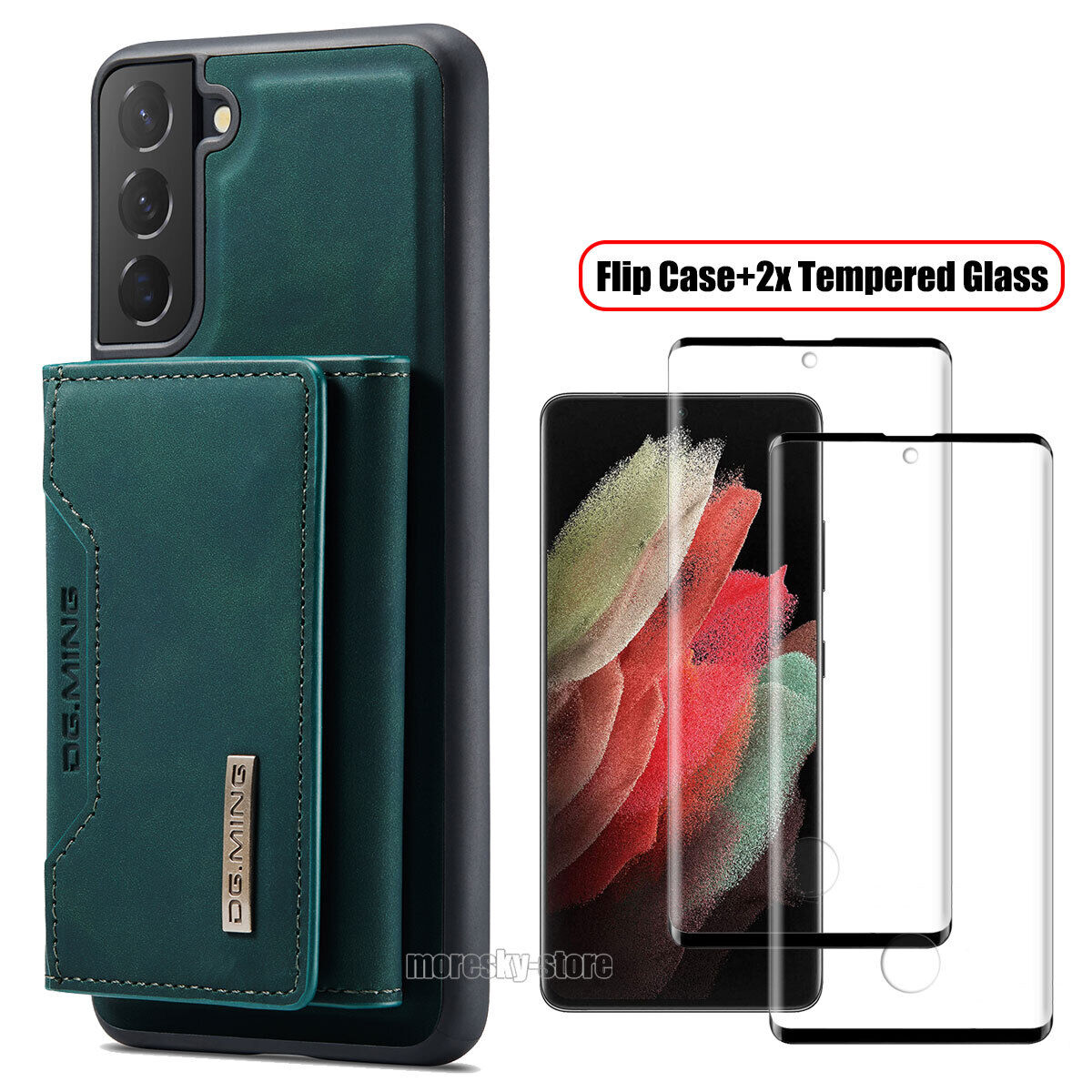 For Samsung Galaxy S21 Ultra FE + 5G Leather Case Cover Holder Tempered Glass