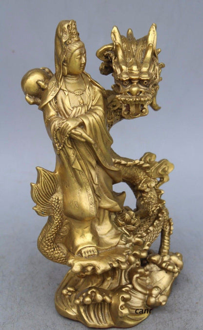 Chinese Brass Dragon kwan-yin GuanYin Goddess buddha statue