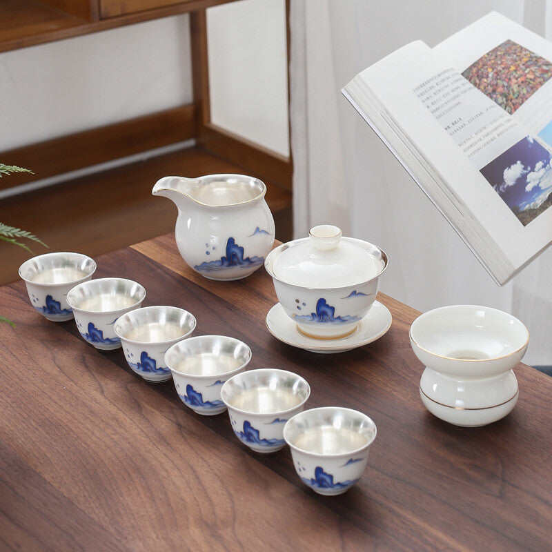 Chinese Tea Set Silver Ceramic Gaiwan Pitcher Matching Tea Cup Filter Net Holder