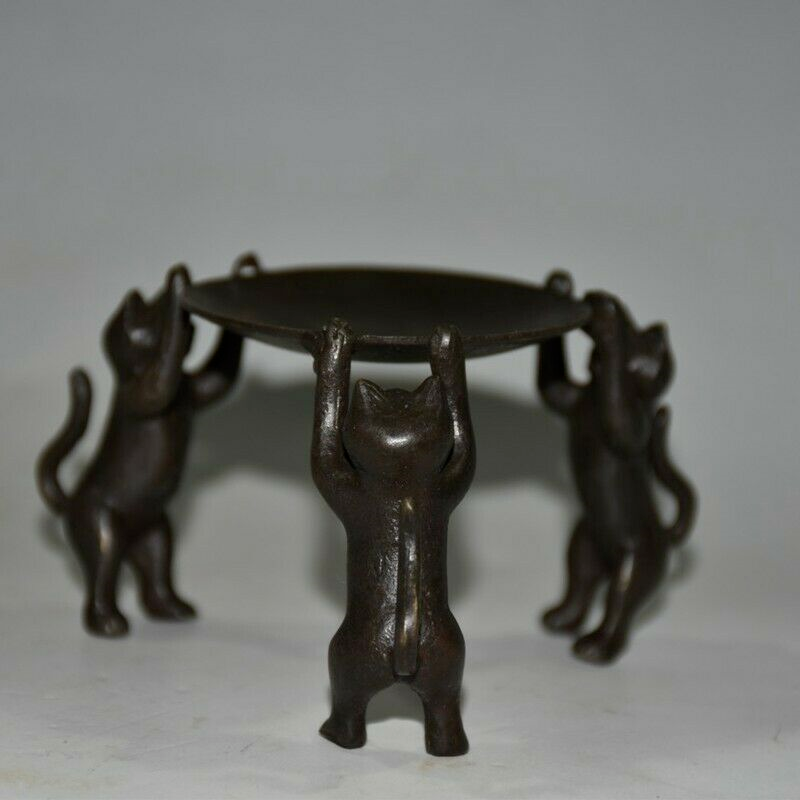 Old Chinese bronze copper handmade Three cats Candlestick statue