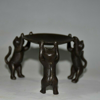 Old Chinese bronze copper handmade Three cats Candlestick statue