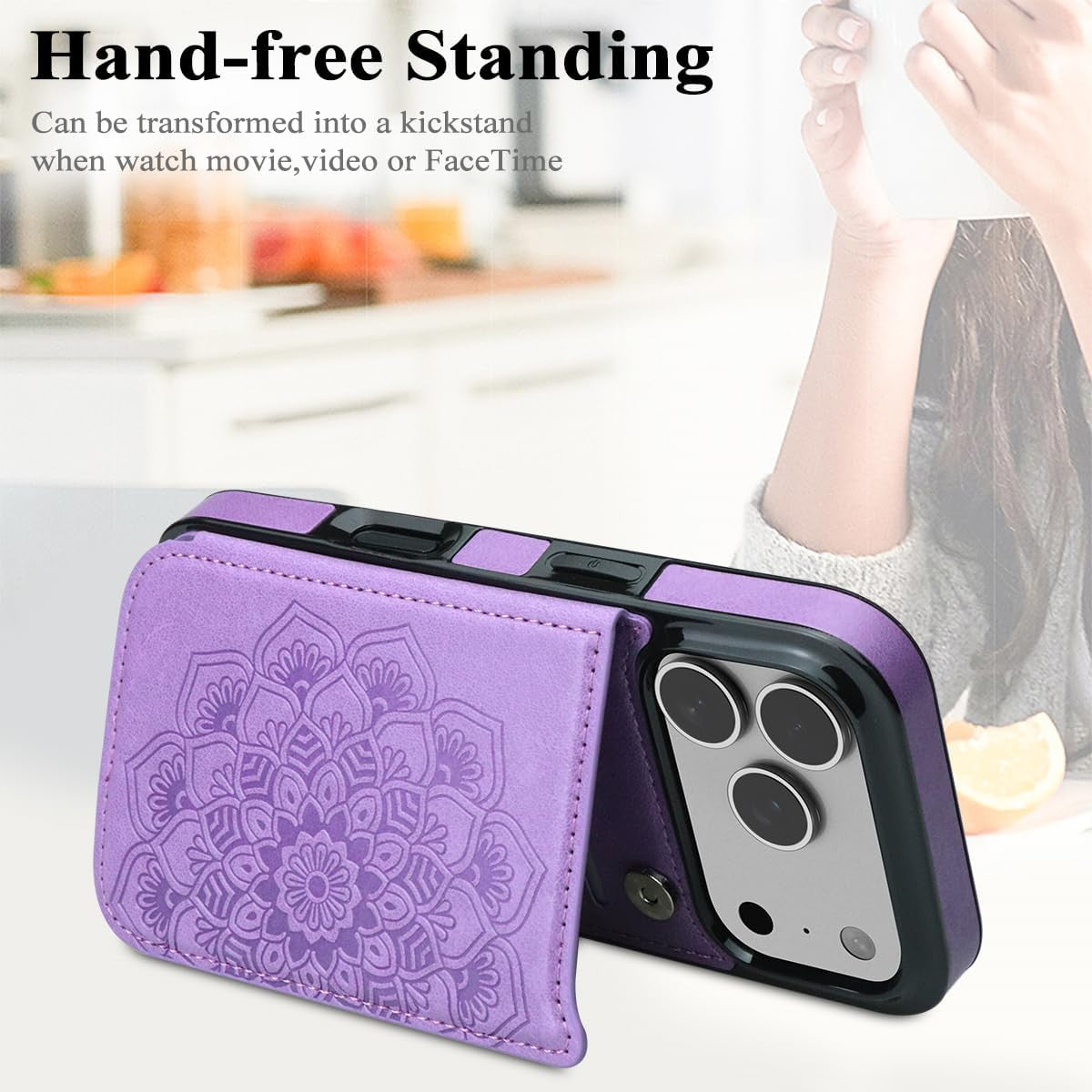for Iphone 17 Pro Case with Card Holder,Flower Magnetic Buttons Protective Walle