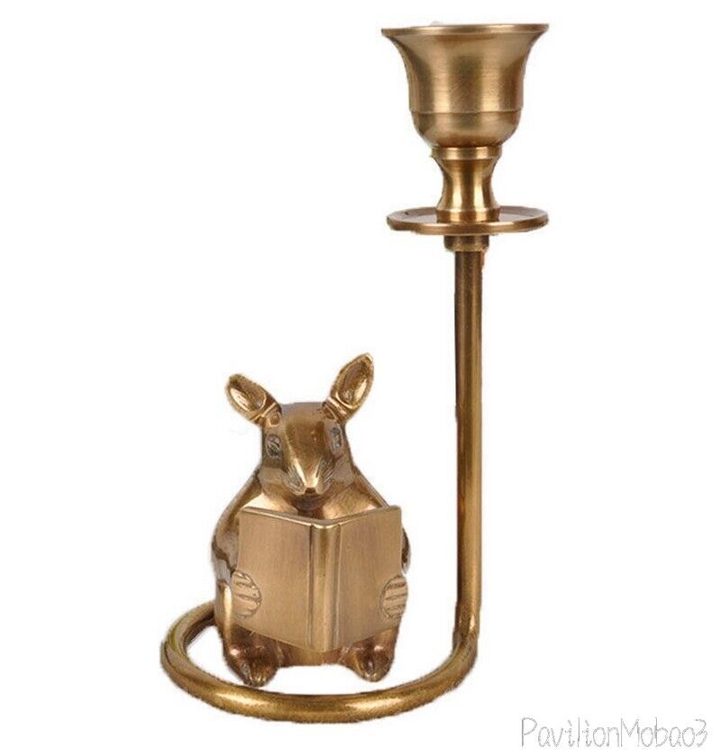 Brass Mouse Reading Book Candlestick Art Decor Style Candle Holder