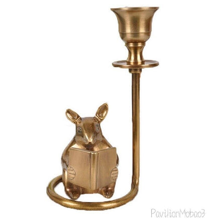 Brass Mouse Reading Book Candlestick Art Decor Style Candle Holder