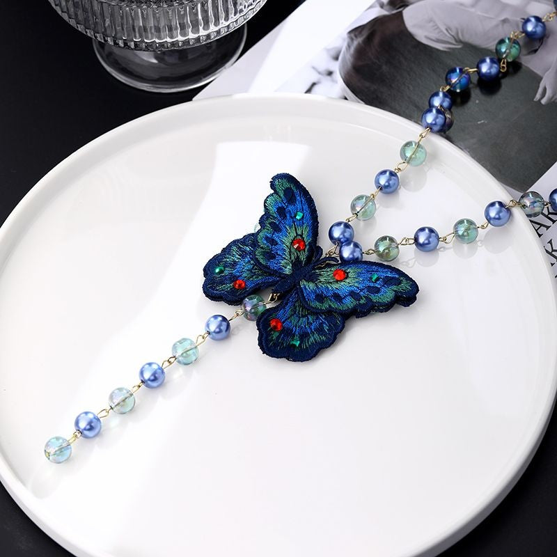 New Chinese Embroidered Butterfly Sweater Necklace Blue Beaded Vintage