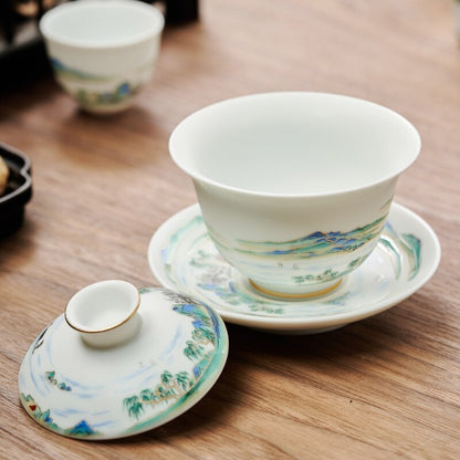 Chinese 180ml Jingdezhen Landscape Ceramic Gaiwan Cup Hand-painted Tea Tureen