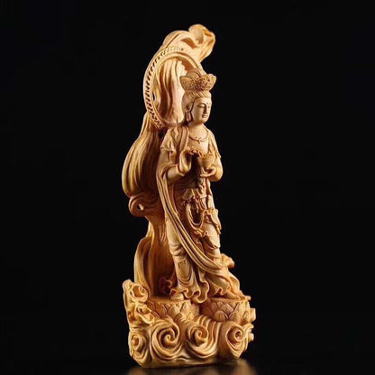 16cm Handcarved Cypress Wood Guanyin Bodhisattva Enshrine Buddha Statue Ornament