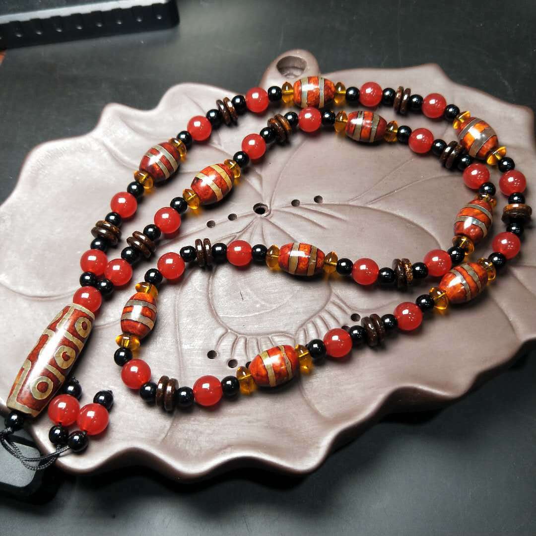 Tibetan Ethnic Style Retro Agate Double Line Dzi Bead Necklace Jewelry