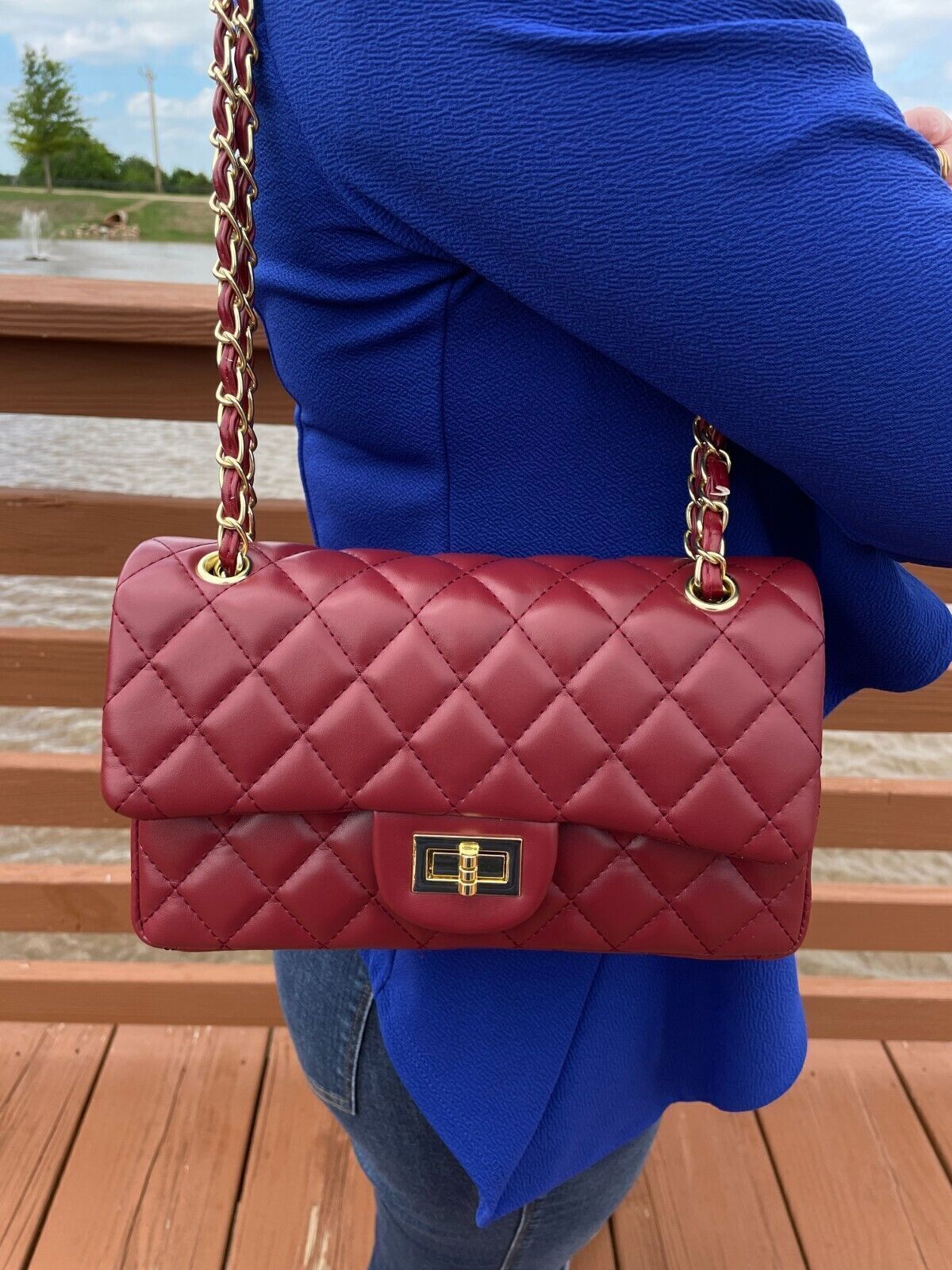 Women Classic Quilted Double Flap Shoulder Crossbody Leather Bag