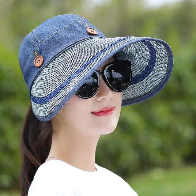 Women Large Brim Floppy Hat Wide Straw Button Caps Summer Beach Sun Visor Hats