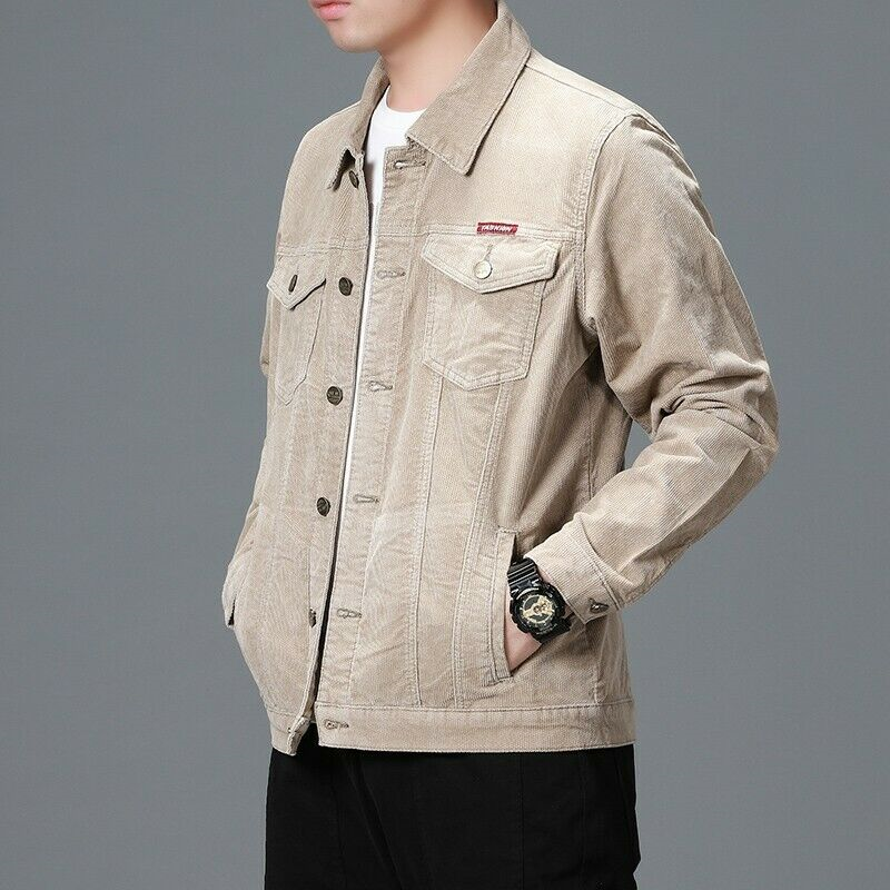 Men's Corduroy Jacket Single Breasted Tooling Outwear Slim Fit Retro style Coat