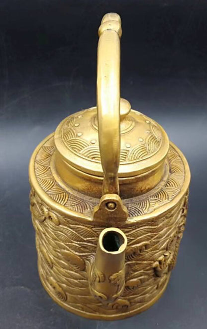 Chinese Antique Brass Carved Dragon Teapot Furnishing Articles