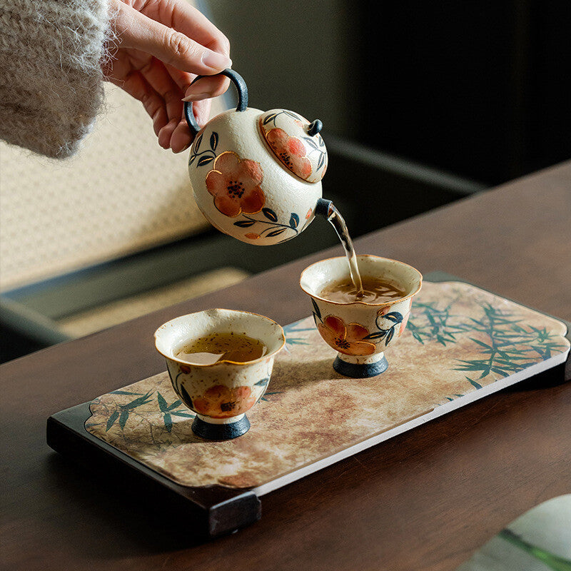 Handpainted Tea Pot Matching Tea Cup Ceramic Pot Ball Shaped Infuser Holes Tray