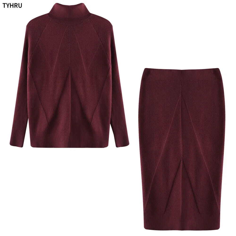 Autumn Women's Turtleneck Pullover Sweater + Slim Skirt Two-Piece Set