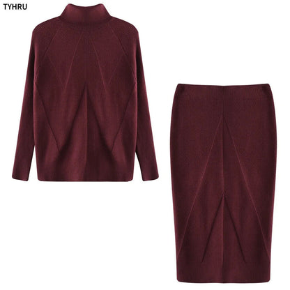 Autumn Women's Turtleneck Pullover Sweater + Slim Skirt Two-Piece Set