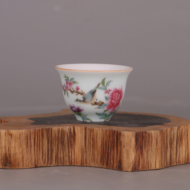 2.4" Chinese Qing Doucai Contrasting Colors Porcelain Branch Aniaml Bird Cup