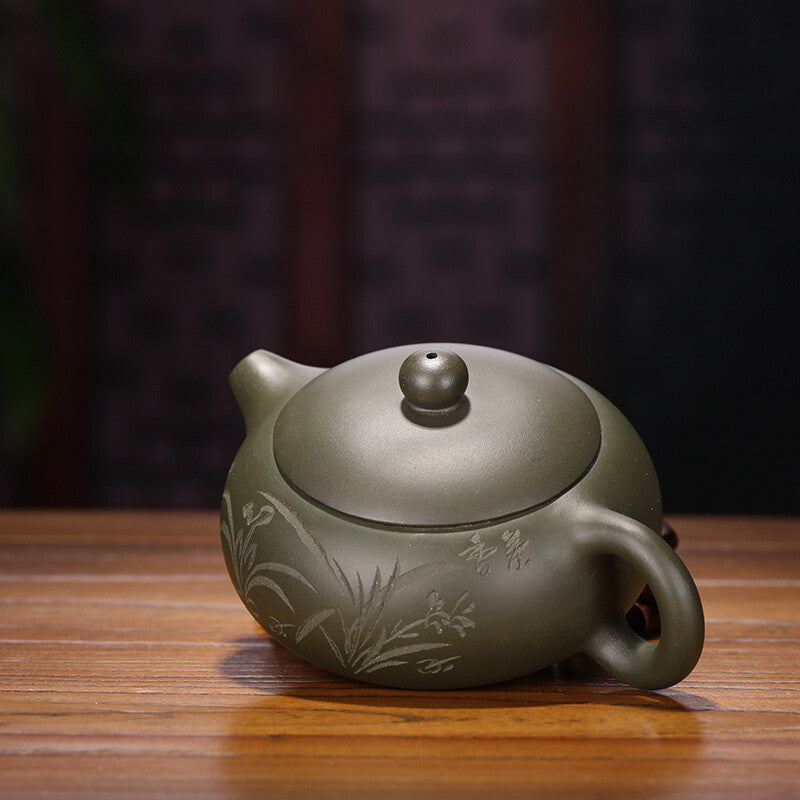 200ml Yixing Zisha Pottery Handmade Green Clay Tea Pot Orchids Mesh Teapot 扁西施