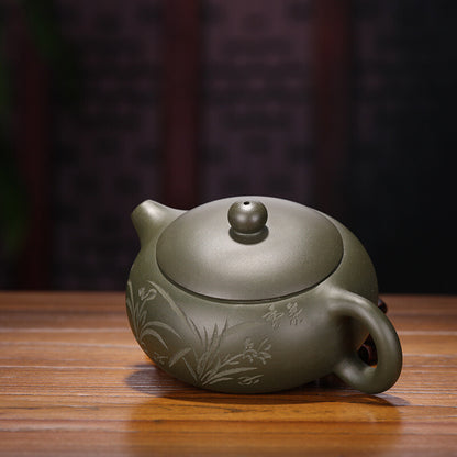 200ml Yixing Zisha Pottery Handmade Green Clay Tea Pot Orchids Mesh Teapot 扁西施