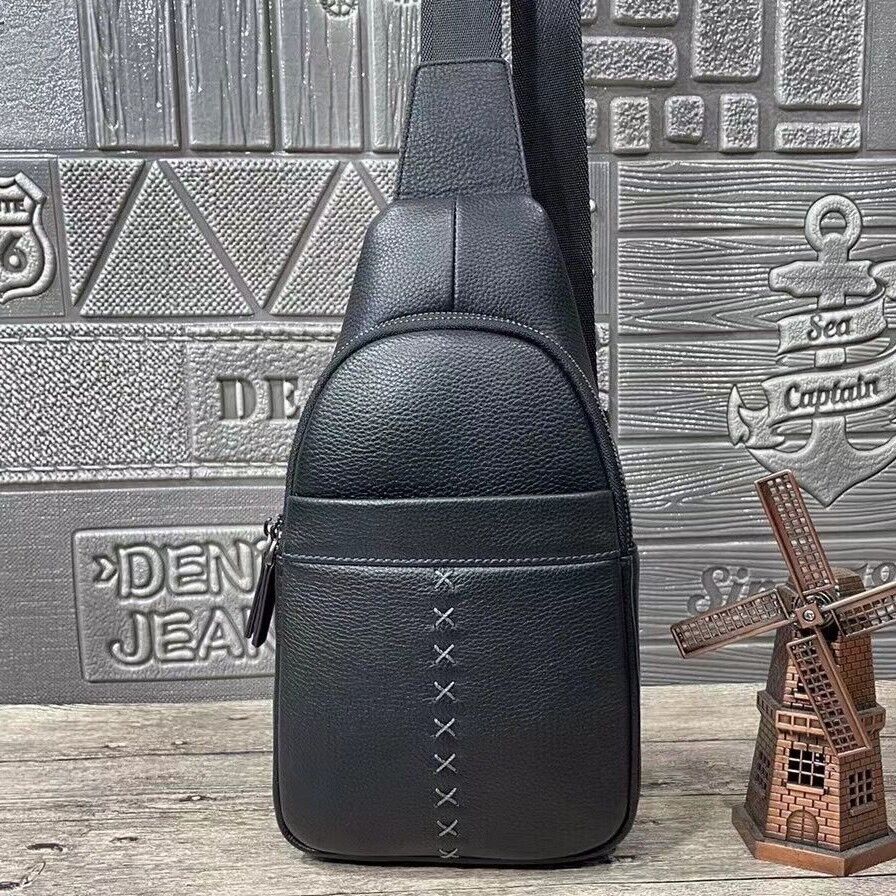 Soft Cow Leather Black Crossbody Chest Bag Hiking Sling Backpack Shoulder Bag