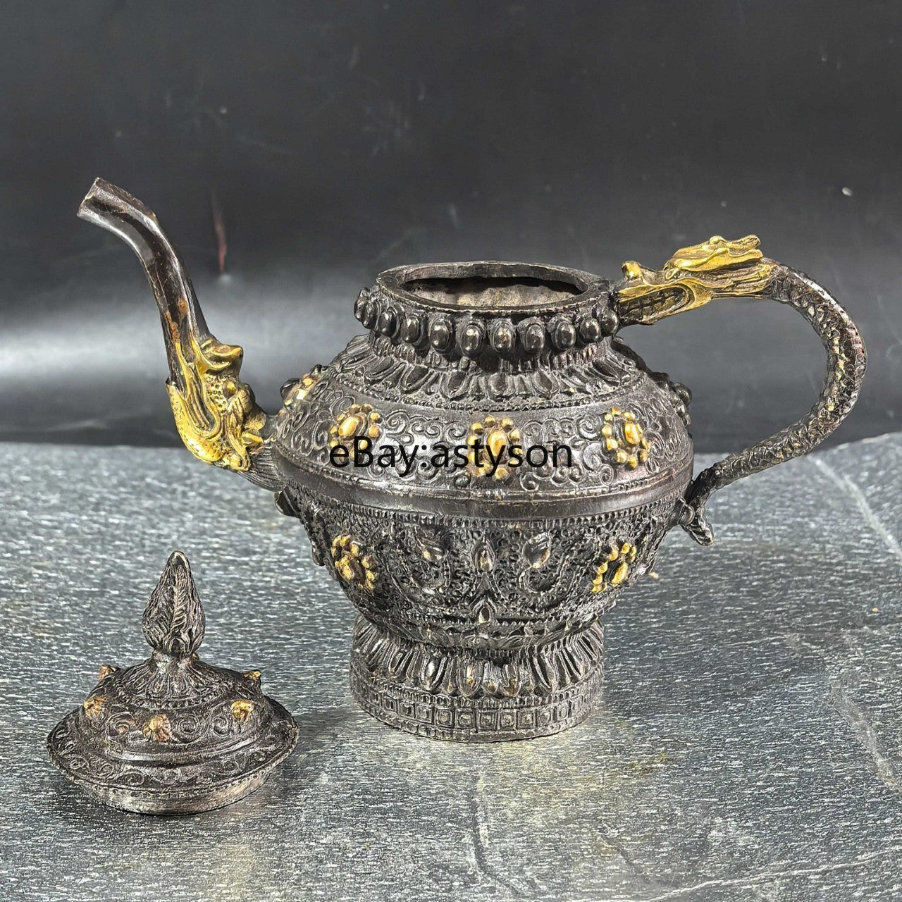 6" Antique Old Chinese Dynasty Bronze Gilt Feng Shui Dragon Teapot Teakettle