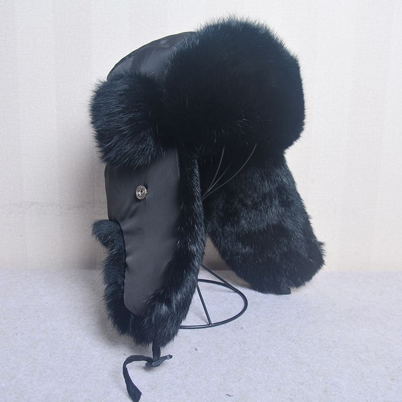 Men Bomber Hats Natural Real Rabbit Fur Outdoor Windproof Super Warm Cap 55-62cm