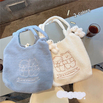 Women Soft Plush Tote Simple Warm Cloth Shopper Bags Handbag Shoulder Bag Purses