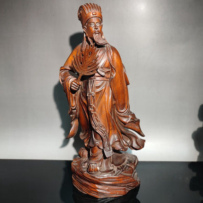 7" Chinese Antique Wooden Statue Carvings Boxwood Zhuge Liang Wisdom Reflection