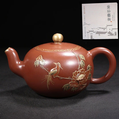 Vintage Chinese Yixing Purple Clay Teapot Zisha Ceramic Nice Flower Bird Teapots