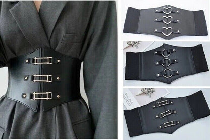 Women Belts PU Leather Fashion Gothic Elastic Wide Corset Sexy Black Cummerbunds