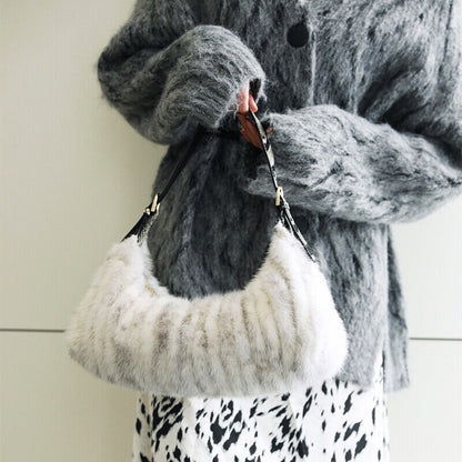 Winter Womens Real Mink Fur Shoulder Bag Luxury Genuine Cowhide Strap Handbag