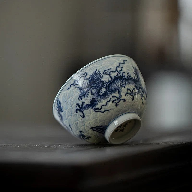 165ml Chinese Blue-and-White Porcelain KungFu Tea Bowl Dragon Pattern Teaware