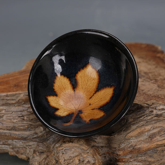 3.35 inch Chinese Song Jizhou Kiln Porcelain Black Glaze Maple Leaves Teacup Cup