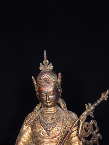 Old Dynasty Chinese Tibet Buddhism Temple Bronze Padmasambhava Buddha Statue