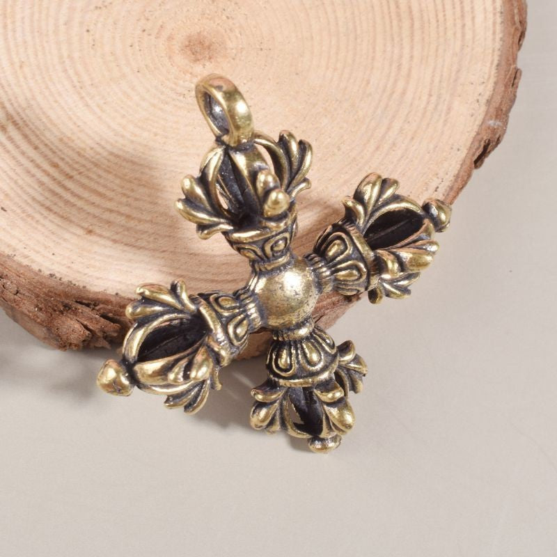 Tibetan Brass Cross Vajra Dorje Amulet Keychain Pendant Buddhist Ritual Tool