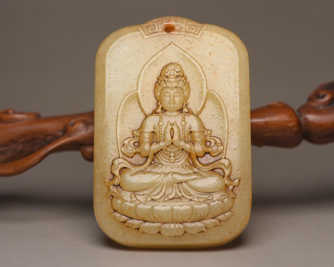 Chinese Old Natural Hetian Jade Hand Carved Kwan Yin Statue Lucky Jade Pendant