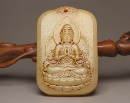 Chinese Old Natural Hetian Jade Hand Carved Kwan Yin Statue Lucky Jade Pendant