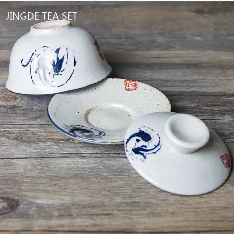 Retro Handmade Tea Bowl Jingdezhen Ceramic Gaiwan Chinese Tea Maker Cover Teacup