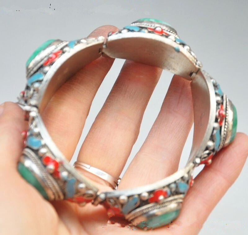 Exquisite CHINESE CLOISONNE SILVER INLAID JADE BRACELET RT