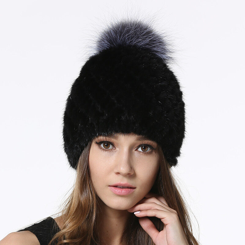 Winter Mink Fur Hats Beanies Women Real Silver Fox Fur Ball Caps Knitting Liner