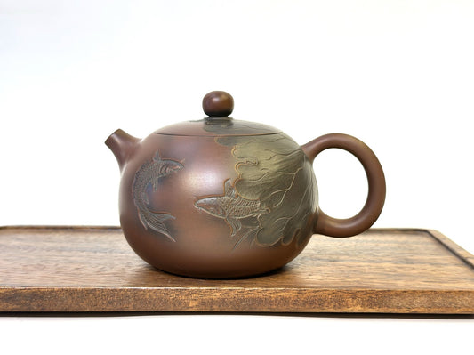 230ml Qinzhou Nixing Pottery Teapot Handmade Xishi Pot Carved Fish Kettle