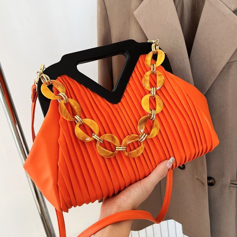 Pleated Bags Blue/Orange Shoulder Bag Big Totes Handbag Purse Evening Clutch Bag